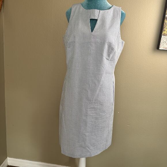 Ann Klein Women 10 Striped Blue White Sleeveless Seersucker Shift Dress Preppy - Picture 2 of 11